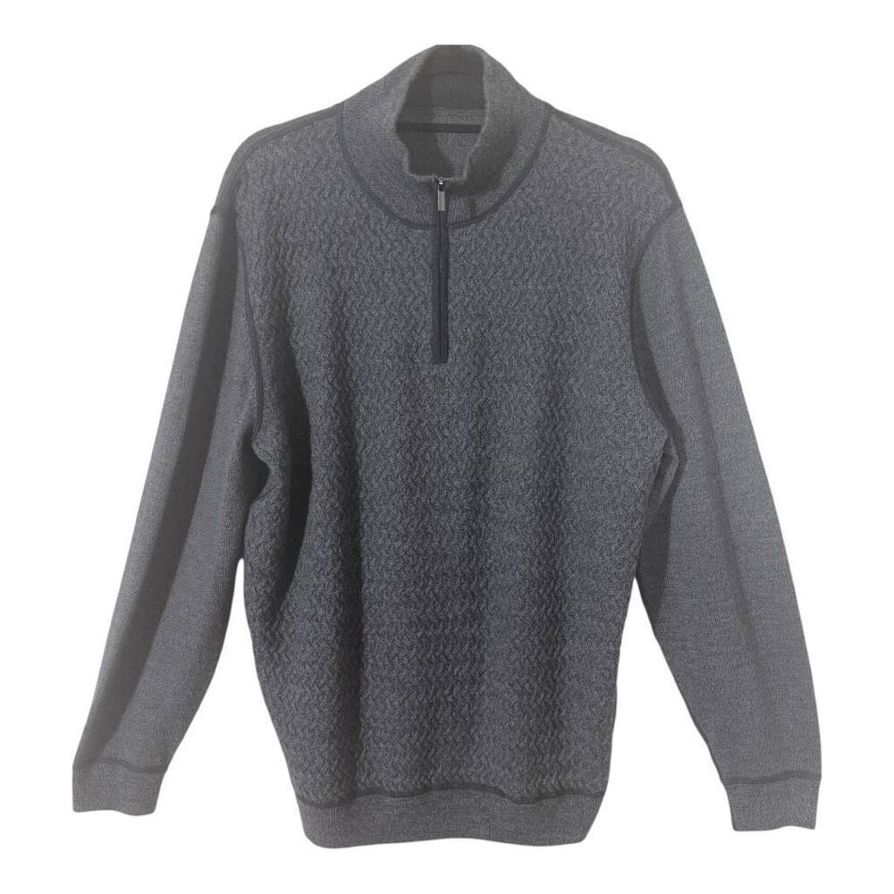 Bugatchi Men’s Merino Wool Gray‎ 1/4 Zip Herringbone Cable Stitch Sweater Large